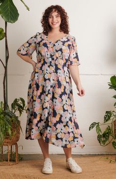 Fleur Summer Marigolds Dress – Emily and Fin Marigold Print, Marigold Dress, Flowing Sleeves, Navy Base, Feminine Details, Skirt Jumpsuit, Pastel Shades, Tea Dress, Guinea Bissau