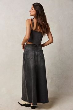 Come As You Are Denim Maxi Skirt | Free People Mens Beach Shirts, Satin Bustier, Gingham Shorts, Satin Short, Denim Maxi, Denim Maxi Skirt, Long Blazer, Pleated Shorts, Double Breasted Blazer