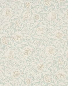 a white and blue wallpaper with flowers on it's side, in an ornate pattern