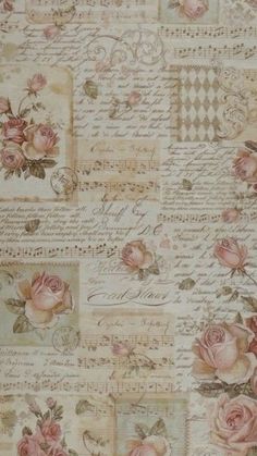 an old fashioned wallpaper with roses and letters on the back ground, as well as some type of writing