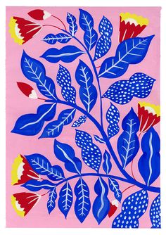 a blue and red plant with leaves on a pink background in an art print style