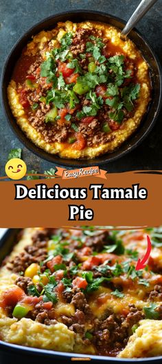 delicious tamale pie with meat and veggies on top in a skillet