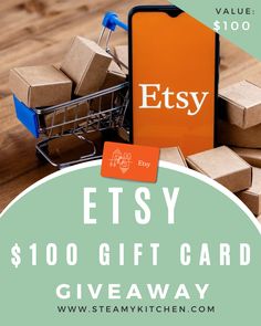 the etsy $ 100 gift card giveaway is on display with boxes and a shopping cart