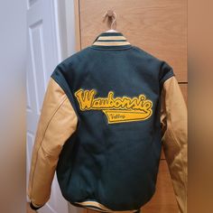 Show Off Your School Spirit With This Green And Gold Letterman Jacket! Go Warriors! Leather Yellow Sleeves Men's Size M New Tags Off Very Good Condition No Embroidered Patches Yellow Varsity Outerwear For College, Collegiate Varsity Jacket With Embroidered Patch, Green Letterman Jacket, Green And Yellow Varsity Jacket, Yellow Varsity Long Sleeve Outerwear, Letterman Jacket, Mens Green, School Spirit, Embroidered Patches