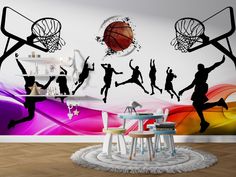 a basketball wall mural in a living room