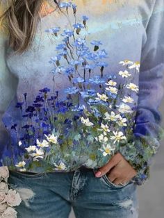 Round Neck Casual Floral Loosen Sweatshirt, Multicolor / S Spring Long Sleeve Printed T-shirt, Blue Long Sleeve T-shirt With Floral Print, Multicolor Long Sleeve Floral Print T-shirt, Blue Floral Print T-shirt For Fall, Floral Trends, Loose Tees, Floral Sleeve, Graphic Tops, Print Pullover