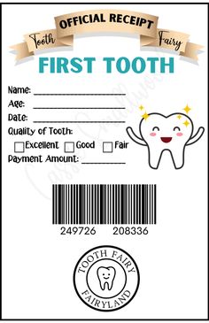 a tooth certificate with the words first tooth on it