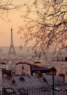 the eiffel tower towering over the city of paris, france at sunset or dawn