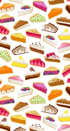 a bunch of different types of desserts on a white background, all in various shapes and sizes