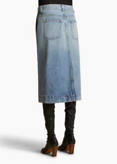 Charlene Skirt in Bryce – KHAITE LLC Faded Washed Denim Skirt, A Line Denim Skirt, It Is Finished, Back Patch, Patch Pocket, Denim Skirt, A Line, Black Leather, Spring Summer