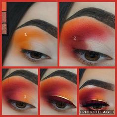 Orange Sunset Eyeshadow Looks, Red Orange Yellow Makeup Looks, Sunset Eyeshadow Looks Step By Step, Fall Themed Makeup, Sunset Eyeshadow Looks, Sunset Makeup Looks, Smokey Eye Makeup Steps, Red Eye Makeup