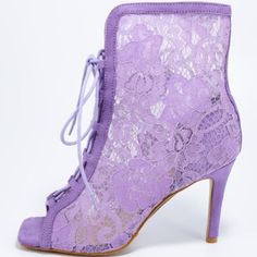 These Sweet Booties Are The Perfect Way To Transition Into Spring! Features An Open Toe Paired With A Closed Back. A Lace Upper And A Lace Up Front. Single Sole Styling And A Stiletto Heel. Purple Lace-up Heels For Spring, Spring Lace Heels, Fitted Lace Heels For Spring, Fitted Lace-up Heels With Laces, Fitted Purple Heels For Summer, Feminine Lace-up Fitted Heels, Feminine Lace-up Heels, Fitted Open Toe Heels With Laces, Fitted Lace Open Toe Heels