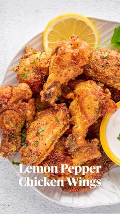 crispy lemon pepper wings on a plate with dipping sauce