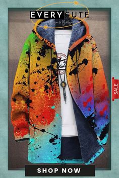 Men's Art Watercolor Gradient Plush Thick Long-sleeved Sweater Coat Cardigan Winter Cotton Outerwear With Graffiti Print, Multicolor Sweater For Spring Streetwear, Artistic Cotton Outerwear With Graphic Print, Blue Long Sleeve Outerwear With Graffiti Print, Multicolor Long Sleeve Outerwear With Color Matching, Artistic Winter Streetwear Outerwear, Artistic Winter Outerwear For Streetwear, Casual Long Sleeve Cardigan With Graphic Print, Casual Cardigan With Graphic Print For Winter