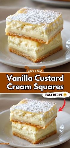 vanilla custard cream squares are stacked on top of each other