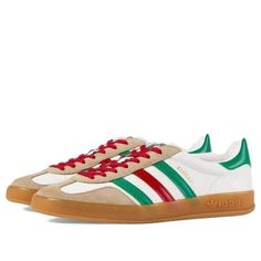 adidas originals x Gucci Gazelle 'White Green Red' 726487-AAA43-9547 Gucci Sneakers With Rubber Sole For Sports, Gucci Sports Sneakers With Rubber Sole, Gucci Custom Sneakers With Branded Heel Counter, Gucci Custom White Sneakers With Branded Heel, Casual Custom Gucci Sneakers For Sports, White Gucci Sneakers With Rubber Sole, Gucci Sporty Sneakers With Red Sole, Gucci White Sneakers For Streetwear, Adidas Gucci Gazelle Pink