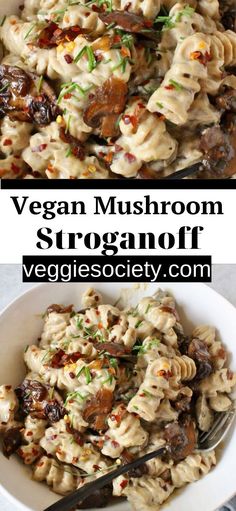 vegan mushroom stroganoni pasta in a white bowl