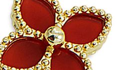 Bright gold beads frame four-petaled flowers on a delicate chain bracelet. 7" length with 1" extension 18K gold plated sterling silver, agate Lobster clasp Imported | Savvy Cie 18K Gole Vemeil Red Agate Flower Station Bracelet Luxury Red Flower Shaped Jewelry, Luxury Red Flower-shaped Jewelry, Gold Flower Shaped Jewelry With Gemstone, Gold Flower-shaped Gemstone Jewelry, Gold Flower Gemstone Jewelry, Flower Station, Station Bracelet, Bead Frame, Delicate Chain