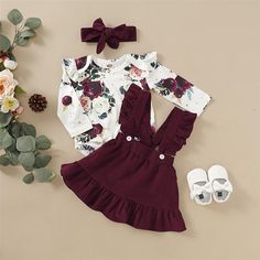 Baby Girls Rose Floral Printed Rompers & Skirt & Headband - PrettyKid Outfits Girl, Fashionable Baby Clothes, Baby Christmas, Christmas Outfits, Winter Baby