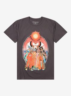 a black t - shirt with an image of three women in front of the sun