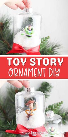 the christmas ornament is made from an old glass jar and has a toy story inside