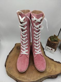 Pink Flat Boots, Pink Leather Mid-calf Boots With Round Toe, Pink Leather Knee-high Boots, Wide Calf Suede Boots With Round Toe, Suede Boots With Wide Calf And Round Toe, Wide Calf Suede Boots With Closed Toe, Pink Leather Moto Boots With Round Toe, Pink Leather Knee-high Boots For Winter, Pink Knee-high Leather Boots