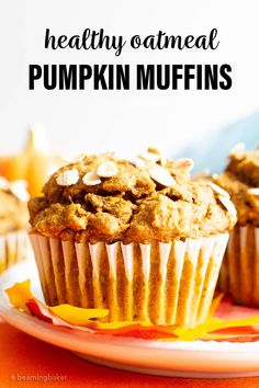 healthy oatmeal pumpkin muffins on a plate with text overlay