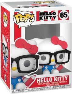 the hello kitty pop vinyl figure is in a box with its glasses on it's head