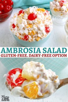 An easy recipe for Ambrosia Salad. A creamy dessert fruit salad made with tropical fruit. This Ambrosia fruit salad recipe is naturally gluten-free and has a dairy-free option. Salad Dairy Free, Creamy Fruit Salad, Dairy Free Salads, Creamy Fruit Salads, Gluten Free Easter, Ambrosia Salad, Best Gluten Free Recipes