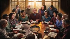 a group of people sitting around a table with books