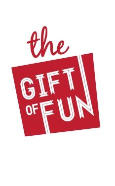 the gift of fun logo is shown on a white background with red and white lettering