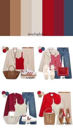 Red and beige outfit combinations Red Color Palette Outfit, Red Outfit Color Combinations, Beige Color Palette Outfit, Beige Red Outfit, Maroon Color Combinations Outfits, Beige Combination Outfit, Beige Color Combinations Outfit