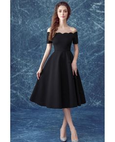 Buy Simple Black Off The Shoulder Sleeves Party Dress In Midi Length at wholesale price online. Free shipping and pro custom service since 2009. Homecoming Dresses Short Black, Tea Length Cocktail Dresses, Short Satin Dress, Cheap Cocktail Dresses, Cocktail Dresses Online, Dress With Pleats, Black Dress Formal, Spandex Dress, Short Prom Dress