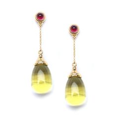 18 karat yellow gold Gemstone drops 20 carats plus Rubellite tops 1 carat approx. Post backs for pierced ears Elegant Drop Earrings With Cabochon, Formal Drop Cabochon Earrings, Luxury Yellow Teardrop Earrings, Yellow Briolette Earrings For Formal Occasions, Yellow Earrings With 17 Jewels For Formal Occasions, Long Drop Gemstone Earrings For Formal Occasions, Classic Yellow Teardrop Earrings, Formal Yellow Earrings With 17 Jewels, Formal Yellow 14k Gold Earrings