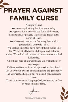 a prayer card with the words prayer against family curse