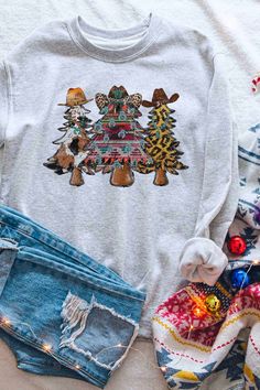 Aztec Christmas trees graphic sweatshirt *plus size available: 8420x ss plus* premium 50/50 preshrunk cotton/ polyester heathered colors 60/40 polyester /cotton air jet yarn for softer feel and reduced pilling classic fit unisex sizing tear away label Aztec Christmas Tree, Western Christmas Tree, Christmas Tree Graphic, Throw Pillow Inserts, Western Christmas, Holiday Red, Off Black, Air Jet, Black Friday Sale