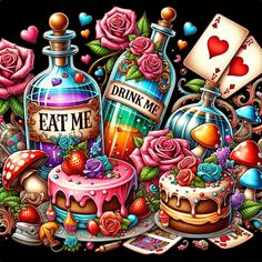 an image of a table with cakes and liquors on it that says eat me