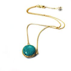 Coin Turquoise Necklace in Silver or Gold This Necklace is hand crafted with pure and sterling silver. The gold color is done by coating silver with 18 karat gold. The length of the necklace is Approximately 15.7 inches (40cm) witha- an adjustable end and a pearl that dangles at the back. I ship my items well-cushioned, inside a bubble mailer in organze gift pouches or gift boxes, prettily packaged and perfect for giving. I also include a zipped bag for you so that you can safely store your jewe Handmade Dainty Gold Turquoise Necklace, Dainty Handmade Gold Turquoise Necklace, Minimalist Gold Turquoise Necklace, Dainty Gold Turquoise Necklace As Gift, Gold Turquoise Gemstone Necklace In Dainty Style, Dainty Gold Turquoise Gemstone Necklace, Handmade Turquoise Necklace With Round Gold Pendant, Handmade Gold Turquoise Necklace With Round Pendant, Gold Turquoise Necklace With Adjustable Chain For Gift