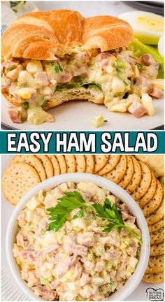 ham salad in a bowl with crackers on the side and an image of sandwiches