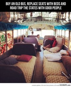 an old bus with beds and road trip states with good people