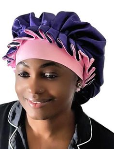 Introducing the 3-in-1 Reversible Purple Pink Luxury Sleep Satin Hair Bonnet, where elegance meets functionality! This stunning bonnet combines a rich purple and a soft pink, allowing you to effortlessly switch between two beautiful looks while adding a touch of luxury to your nighttime routine. Crafted from high-quality satin, this luxurious hair bonnet is designed to protect your hair while you sleep. The smooth satin surface reduces friction, minimizing breakage and frizz, while helping to re Sleep Hair, Satin Hair Bonnet, Luxury Sleep, Sleep Hairstyles, Red Luxury, Pink Luxury, Luxurious Hair, Nighttime Routine, Red Colour Palette