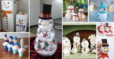 there are many snowmen and other decorations in this collage, including an old refrigerator