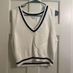 Size L. Slightly Cropped. White And Navy. Never Used In New Condition. White Cotton Tank Top For Fall, Casual White Cotton Sweater Vest, White Knit Casual Tank Top, Fitted White Cotton Sweater Vest, Cool Tanks, Halter Tank Top, Knitted Vest, Halter Tank, Floral Peplum