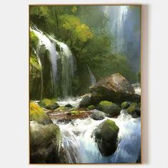 a painting of a waterfall in the woods