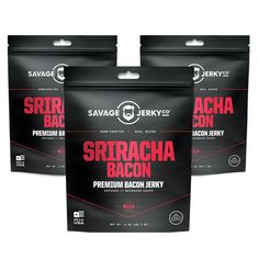 three packs of sriraca bacon are shown