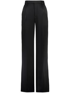 black silk satin finish pleat detailing belt loops concealed front fastening straight leg two side slit pockets two rear jetted pockets straight hem long length Yoko London, Silk Trousers, City Dress, Straight Trousers, Black Trousers, Summer Beach Wear, Straight Leg Trousers, Pants Straight, Black Silk