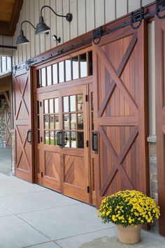 a potted plant with yellow flowers sitting in front of a wooden door and windows