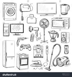 hand drawn household appliances and appliances set on white background stock photo - 379782