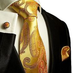 Gold Paisley Silk Tie and Accessories – Paul Malone Tuxedo Vest, Gold Paisley, Gold Tie, Tie Set