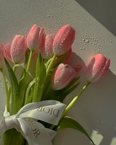 a bouquet of pink tulips with a white ribbon tied around the stems and some water droplets on them